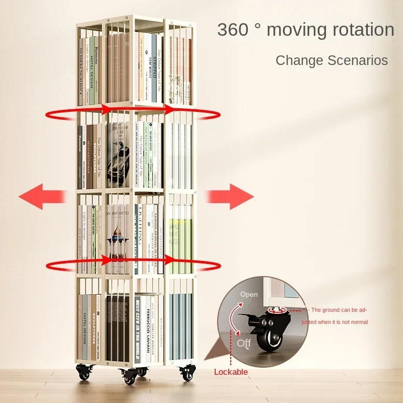 Innovative 360 Degree Rotating Bookshelf Mobile with Wheel Iron Corner Multilayer Storage FurniturePerfect Home Book Organizer