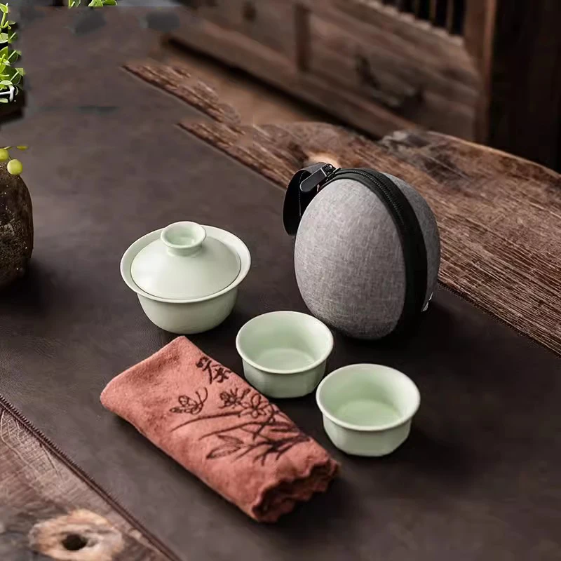 Travel Gaiwan Kungfu Tea Set Chinese Porcelain Tea Bowl Set with Tea Towel and Travel Bag Portable for Home Business Outdoor