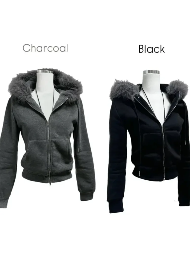 

Splicing Fur Hooded Women's Sports Shirt Y2k Top Street Wear Casual Hoodie 2025 Korean Fashion Zipper Hoodie