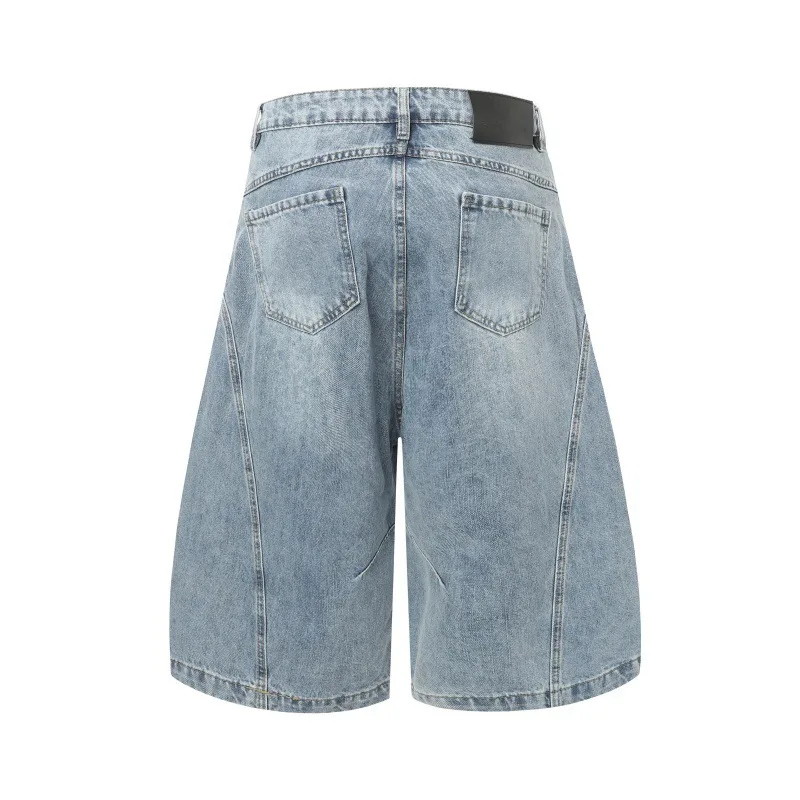 Celana Pendek Denim Harem Pisau Melengkung Dekonstruktif Celana Pendek Jeans Cuci Antik Biru Robek Celana Pendek Jeans Crop Kaki Lebar Longgar Hip Hop