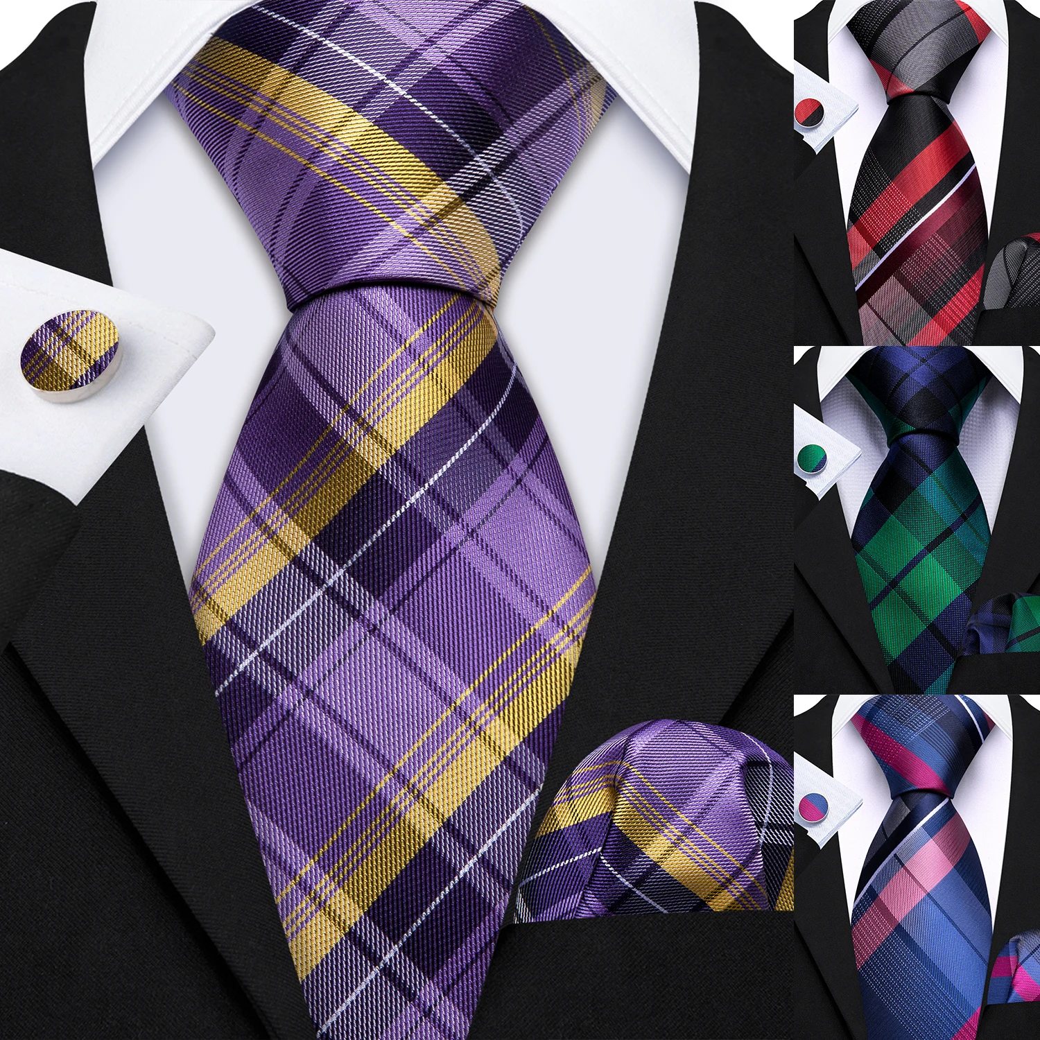Plaid Checked Men's Tie Set Formal Business 3Pcs Necktie with Pocket Square Cufflinks Jacquard Woven Neckwear for Wedding Party