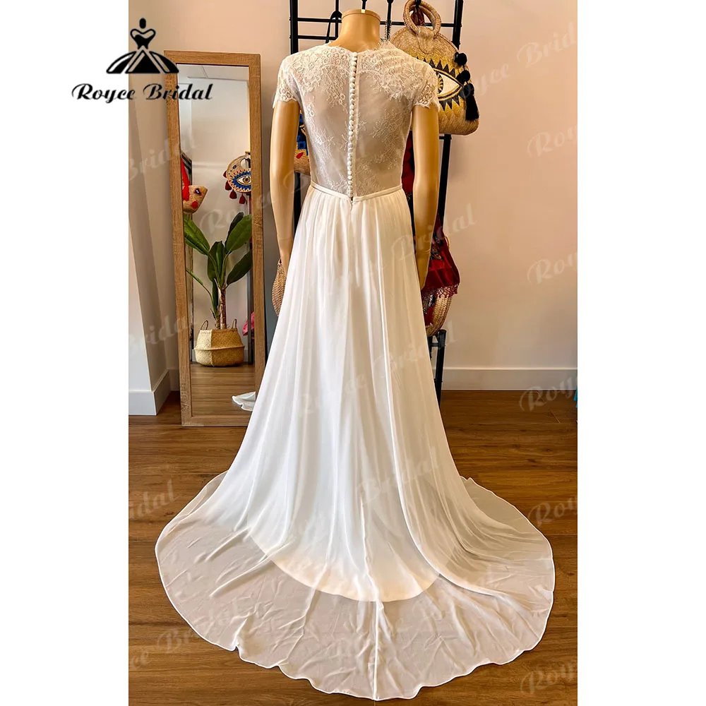 Elegant Flowy Cap Sleeve Chiffon Boho Lace Women Pleats Wedding Dress with V Neck 2024 Bridal Gown Custom Made robe de mariee