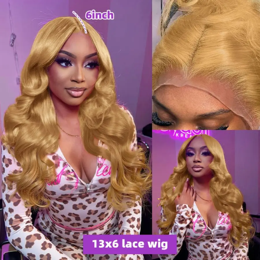 Brazilian #27 Honey Blonde 30 34 Inch Body Wave 13x4 Lace Front Human Hair Wig 13x6 HD Transparent Lace Frontal Wigs 200 Density