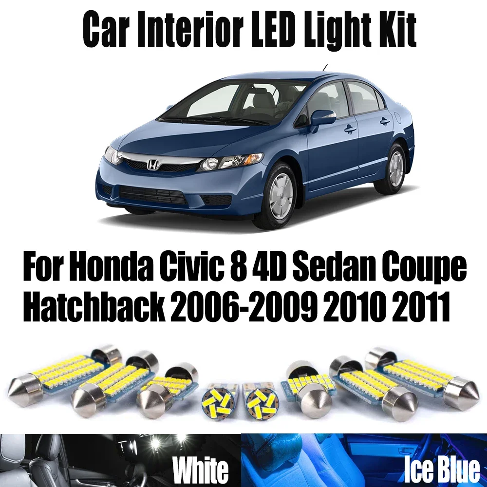 8Pcs Canbus For Honda Civic 8 4D Sedan Coupe Hatchback 2006-2011 LED Interior Map Dome Light Reading Bulb Kit Car Accessories