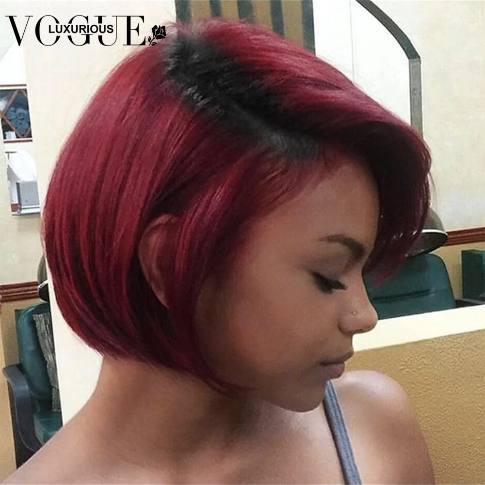 

Short Bob Remy Human Hair Side Part Wig For Women Easy To Wear Ombre Burgundy 99J Straight Pixie Cut Full Machine Made Wigs