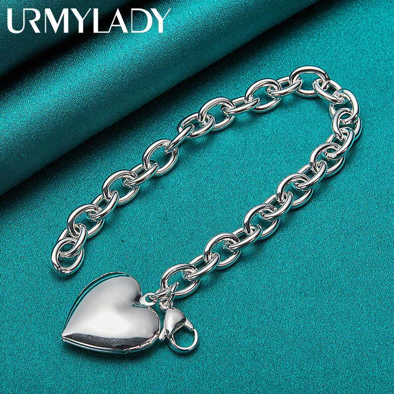 URMYLADY 925 Sterling Silver Heart Photo Frame Pendant Bracelet For Women Wedding Party Fashion Jewelry