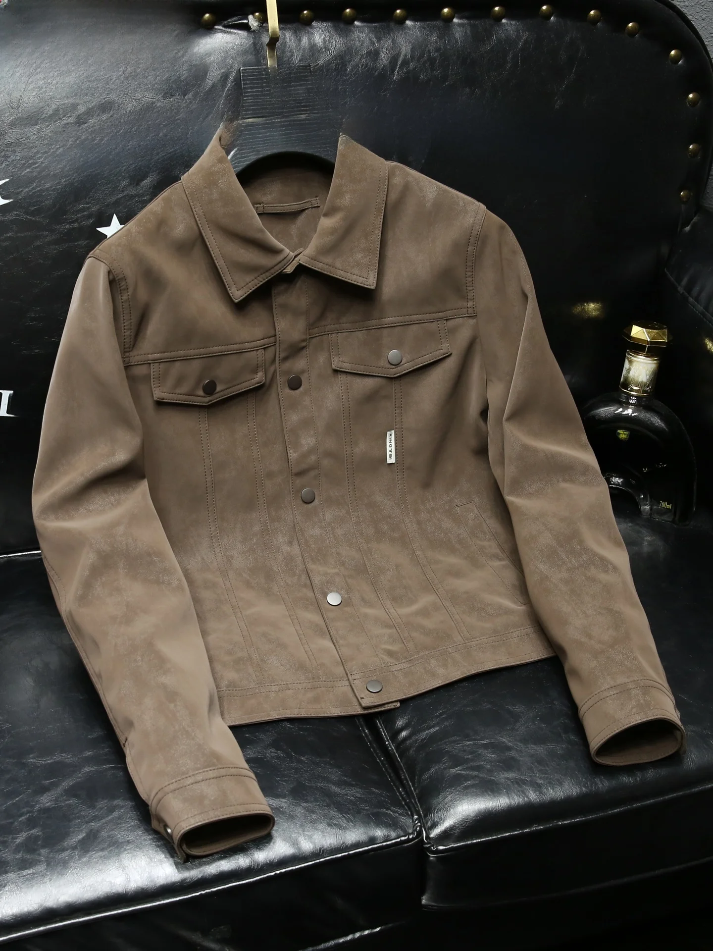 

Мужская кожаная куртка Slim Fit: модная, повседневная, с воротником-стойкой, длинными рукавами, из полиэфирного волокна, в городском стиле, осенняя новинка