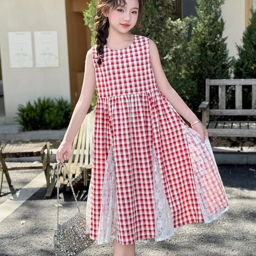 

Round Neck Children Plaid Dress Princess with Mesh Lace Flower Kids Grid Long Dress Casual Long Girls Patchwork Skirt Travel