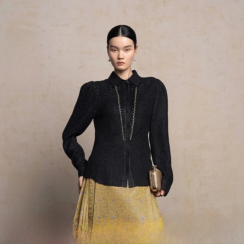 

Elegant Slim Fit Long Sleeve Shirt Women's New Spring Vintage Texture Pleated Top Straight Cut Polyester Fiber 100%