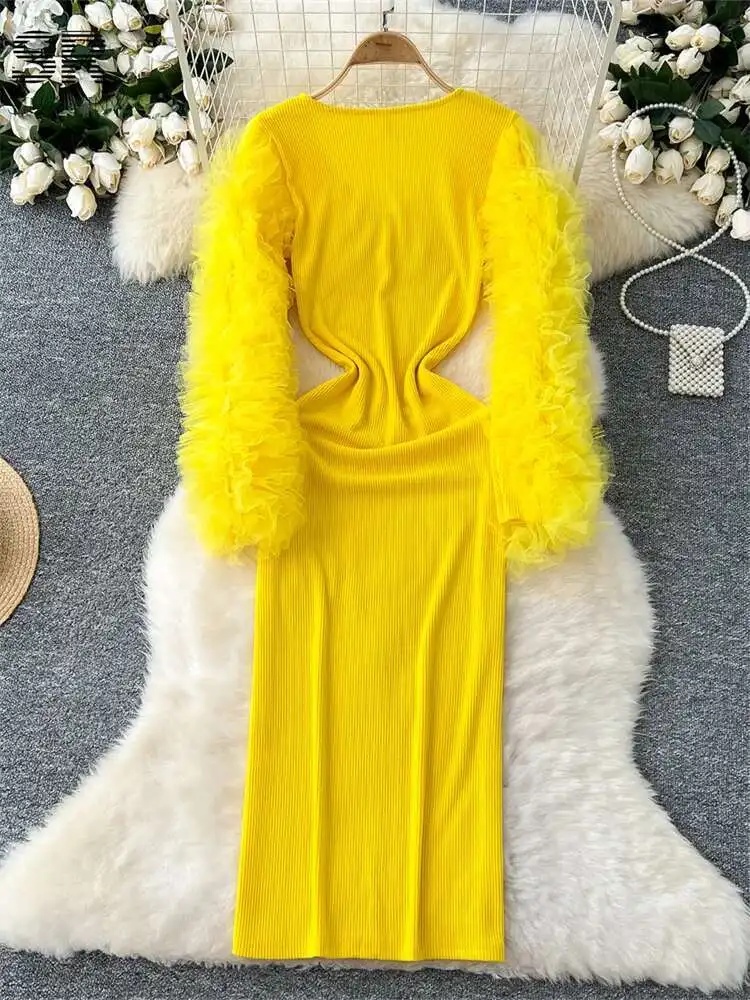 

BabYoung Autumn Sexy Splice Knitted Women Lantern Sleeve V Neck Elastic Edible Tree Fungus Winter Slim Long Party Dress
