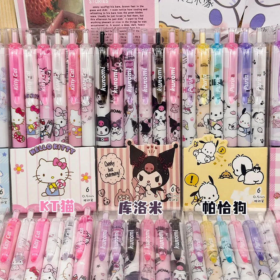 Sanrio Hello Kitty 6 szt. Długopis żelowy 0.55mm Refill Y2k Cinnamoroll Kuromi MelodyCartoon artykuły biurowe czarny cienkopis prasy