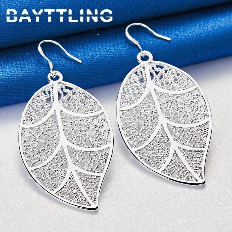 New 925 Sterling Silver Earrings Fashion 56MM Hollow Leaf Woman Drop Earrings Wedding Party Gift Jewelry Accessories