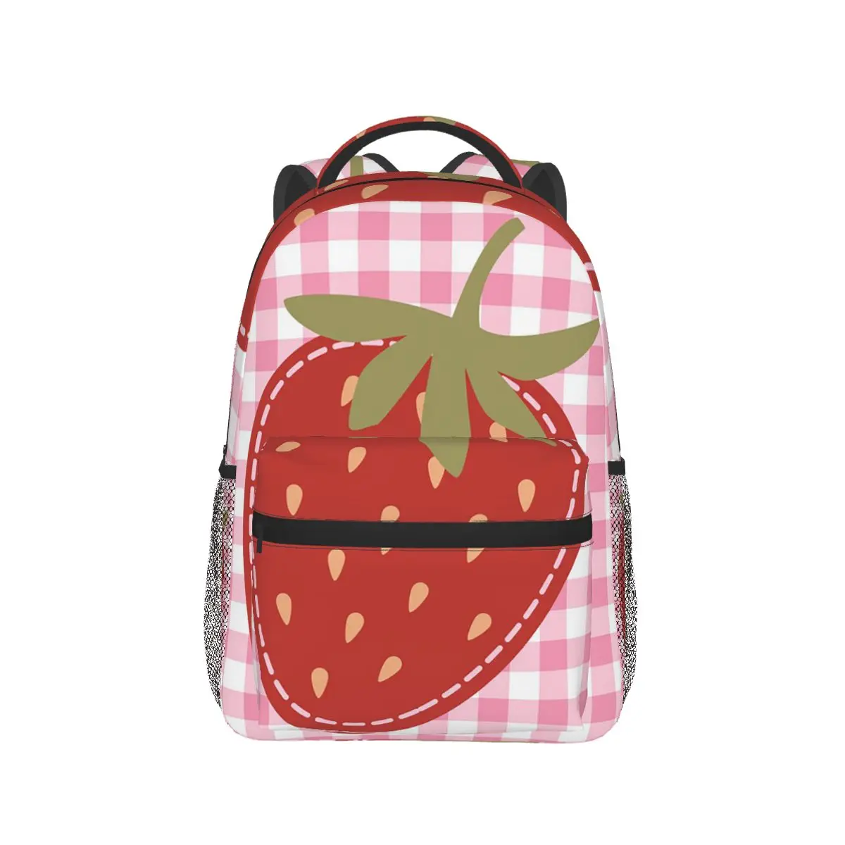Cute Coquette Strawberry On Pink Plaid Background Backpack Hot Sale Daypack Large Capacity Kids BookBag School Bag Shoulder Bags