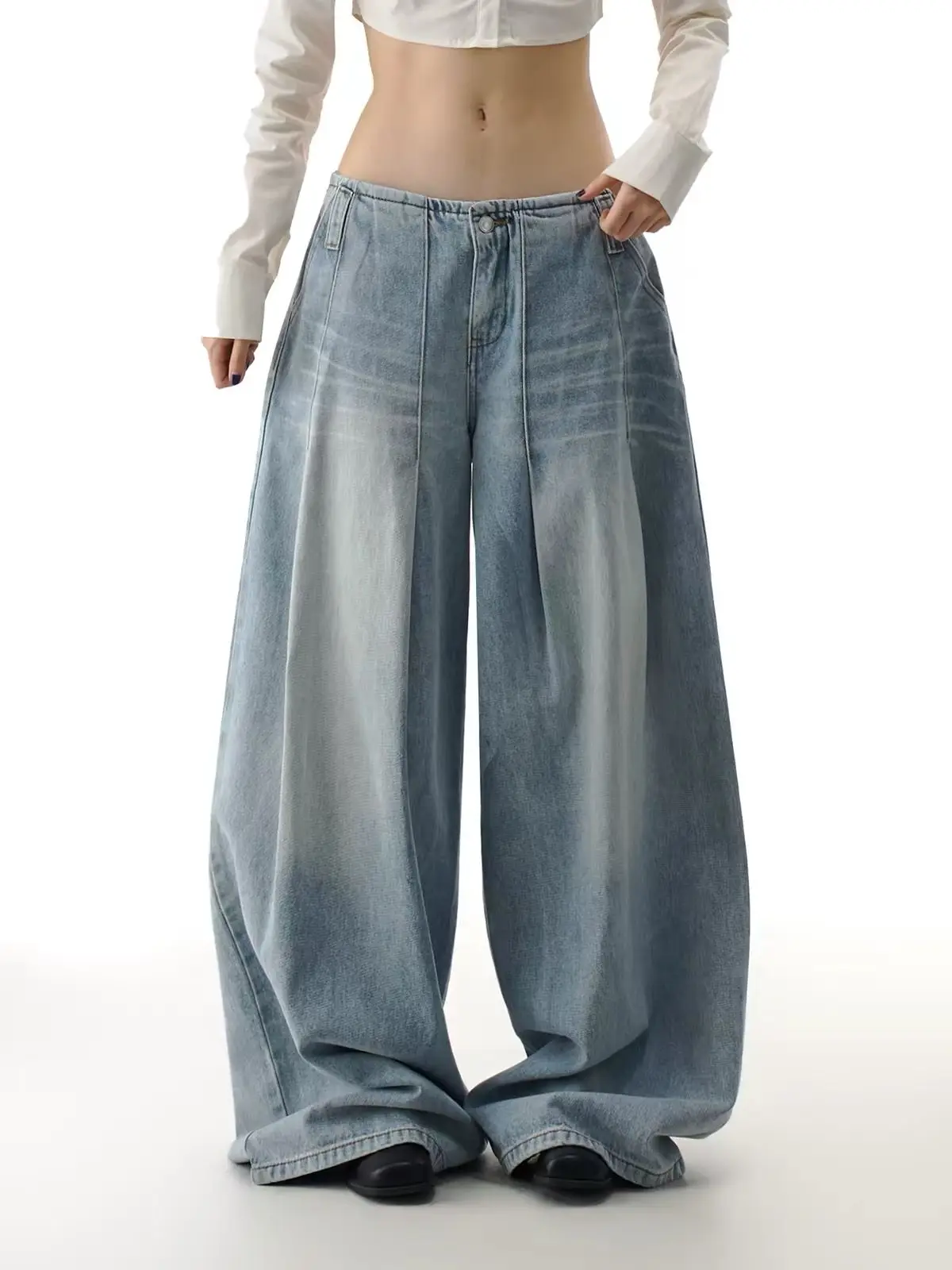 Light Blue No Waistband Wide Leg Jeans Women Summer New Loose Washed Retro Streetwear Trousers