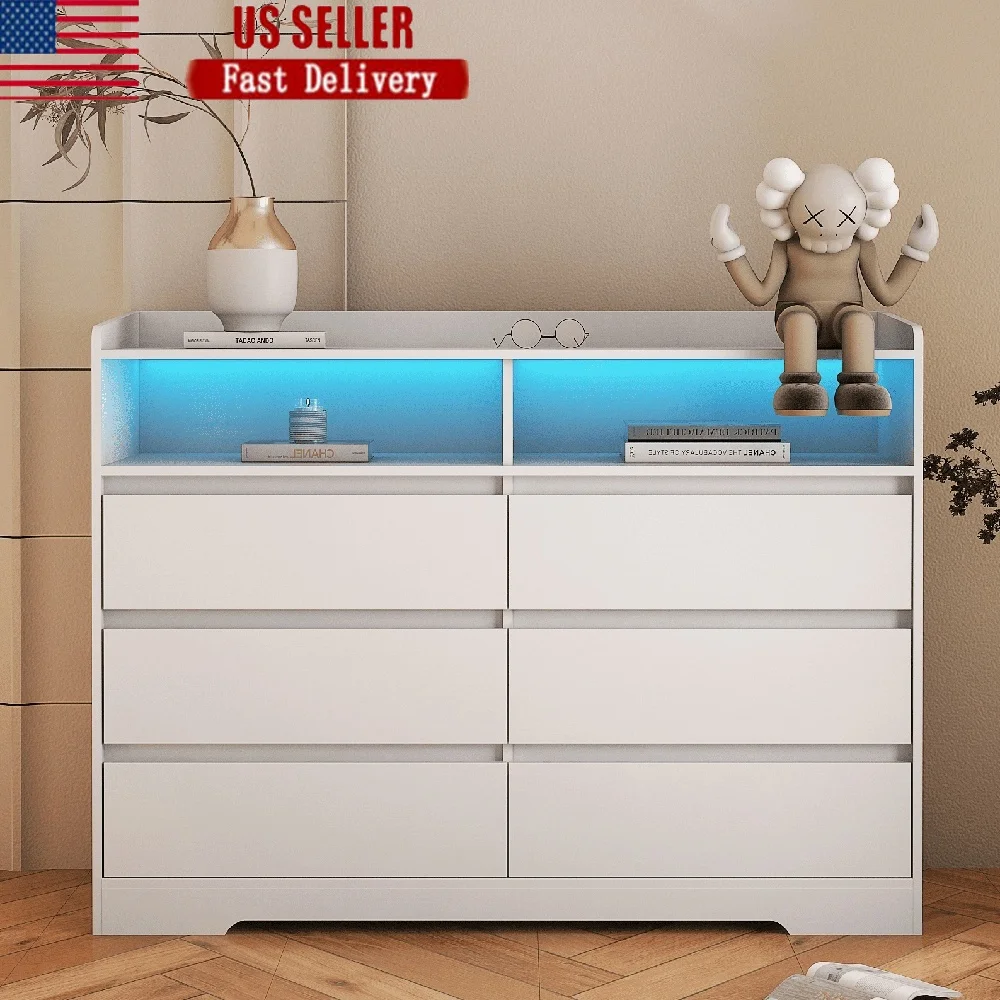 

6 Drawer Dresser Storage Cabinet LED Light Wooden Dresser Bedroom Living Room Furniture Large Capacity Smooth Drawers Easy
