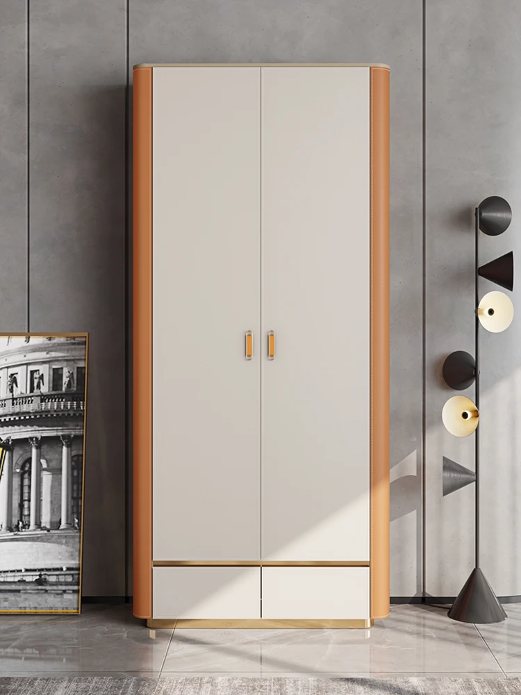 Light luxury saddle leather wardrobe, modern household bedroom, multifunctional storage cabinet, two door wardrobe, storage cabi