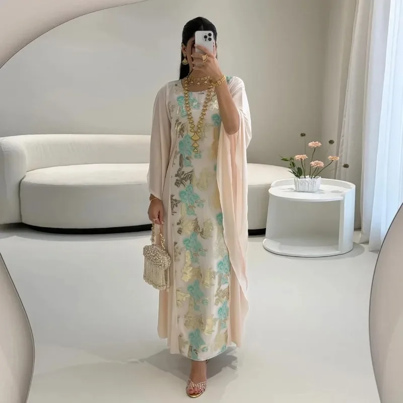 

Muslim Batwing Sleeve Flower Embroidery Abayas Dubai Luxury Prints Maxi Dress Ramadan Turkey Islam Women Party Evening Robes