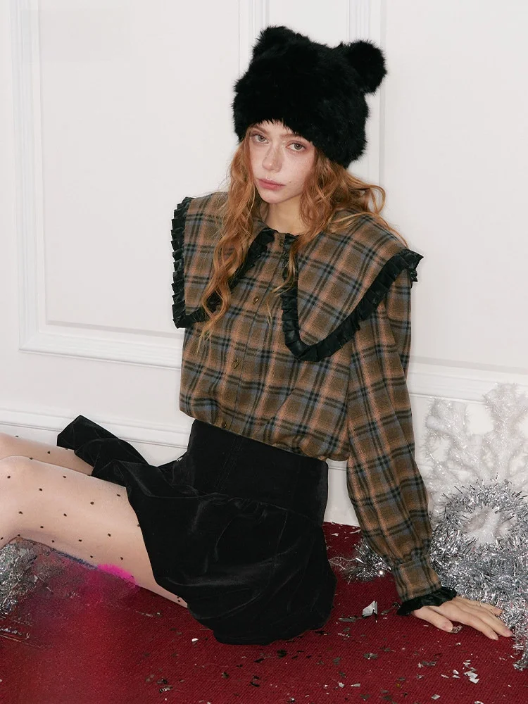 

Sweet Plaid PU Leather Doll Collar irt Women's Winter Casual Sle Inner Wear irt Loose Fit Long Sve Polyester Blend