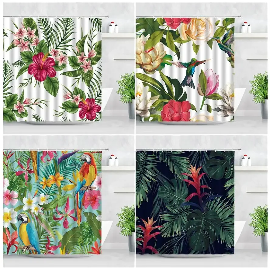 Tropical Plant Leaf Shower Curtains Flower Bird Parrot Green Palm Leaves Print Waterproof Fabric Home Decor Bathroom Curtain set