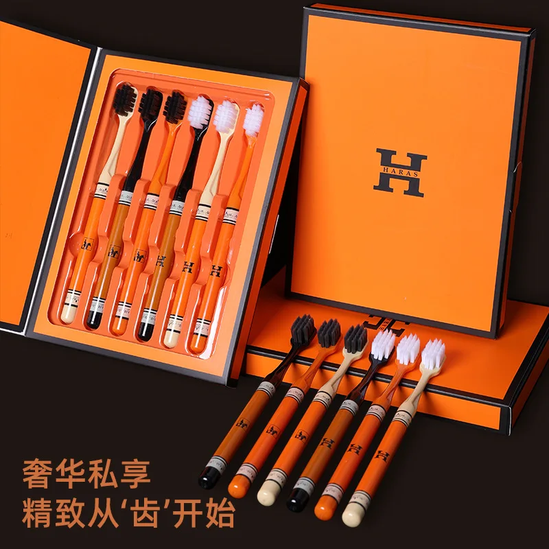 Hermes Orange 6-piece gift box, light luxury, high-end, medium soft bristled toothbrush, adult home printed handle H