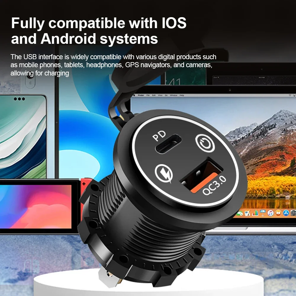 Neue PD3.0 & QC3.0 Autoladegerät-Buchse USB-C-Anschlüsse Wasserdicht mit LED-Touch-Schalter 48W Schnellladung 12V/24V für Moto-Adapter