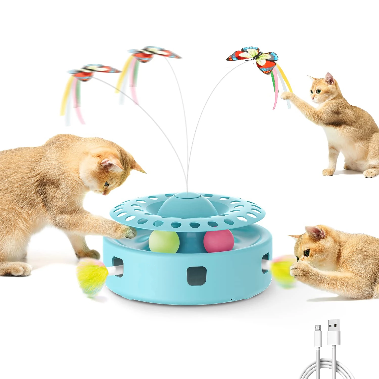 

3in1 Automatic Interactive Kitten Toy, Fluttering Butterfly, Moving Ambush Feather, Track Balls,Dual Power Supplies, USB Powered