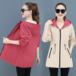 2024Spring Autumn Double-Sided Trench Coat Women Long Sleeve Jacket Hooded Drawstring Reversible Female Streetwear Outerwear 4XL