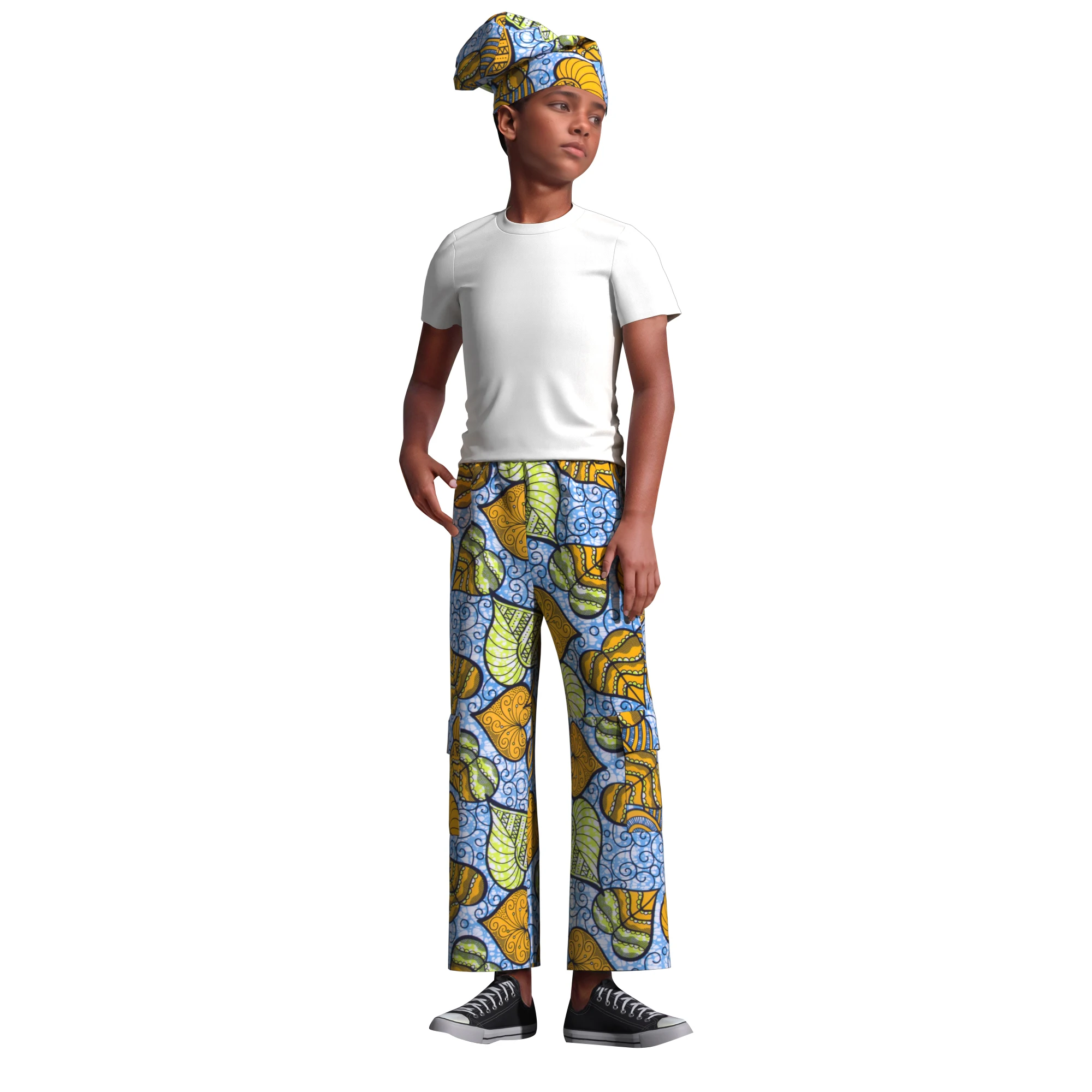 ORIENTAR Boys African Wax Print Pants Set Floral Ankara Trousers with Matching Headwrap Hat Ethnic Outfit for Daily WYT899