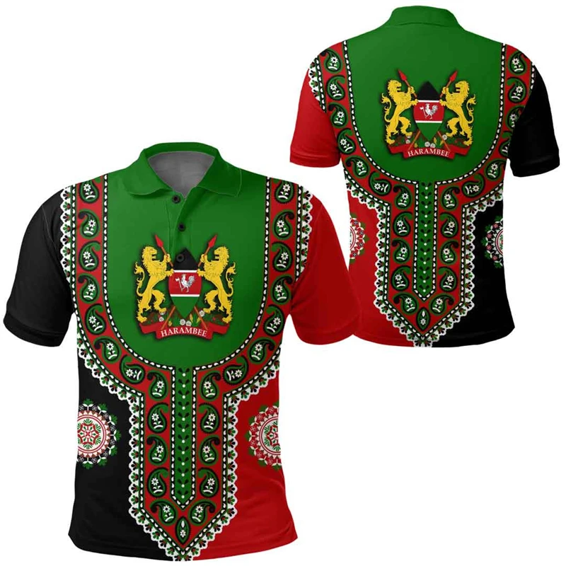 Summer Daily Casual Afria Country Flag Polo Shirts kenya National Emblem Print Sportswear Short-sleeved Tees Tops Clothing Lapel