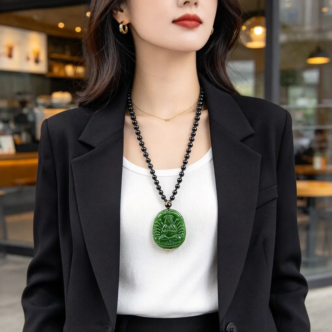 Natural Green Jade Guanyin Pendant Necklace Goddess Mercy Amulet Vintage Sweater Chain Jewelry Daily Lucky Gift Drop Shipping view 6