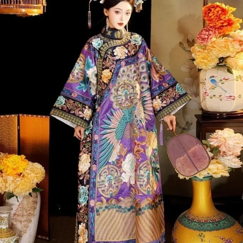 Chinese Traditional Dress Women Qing Dynasty Pink Peacock Print Large Sleeves Stand Up Collar Cheongsam Vestido Medieval Mujer