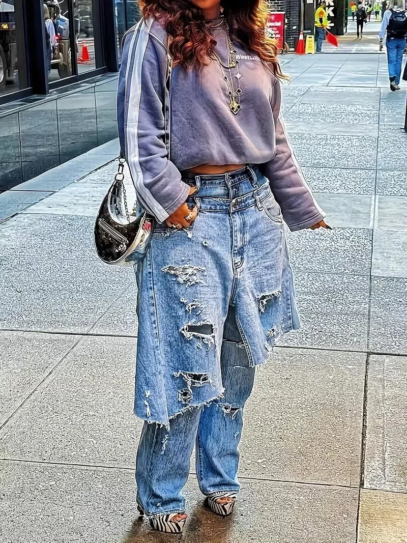

Women's High-Waisted Wide-Leg Distressed Ripped Jeans - Asymmetrical Frayed Hem & Patchwork Denim Pants