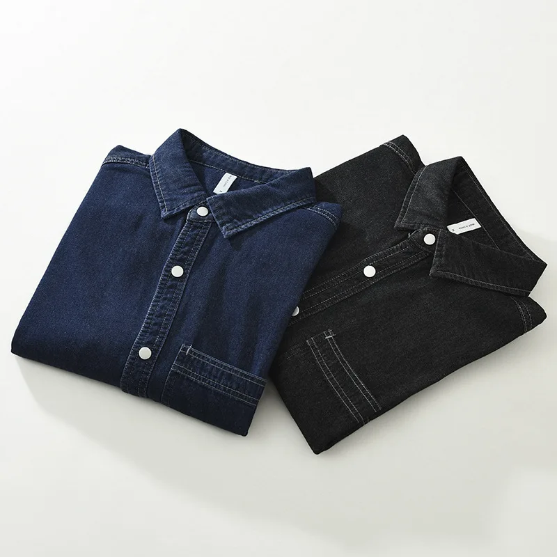 Korean Style Men Denim Shirt Spring Fall New in Shirts Lapel Dark Blue Jean Shirts Male Streetwear Youth Top Snap Button Shirt