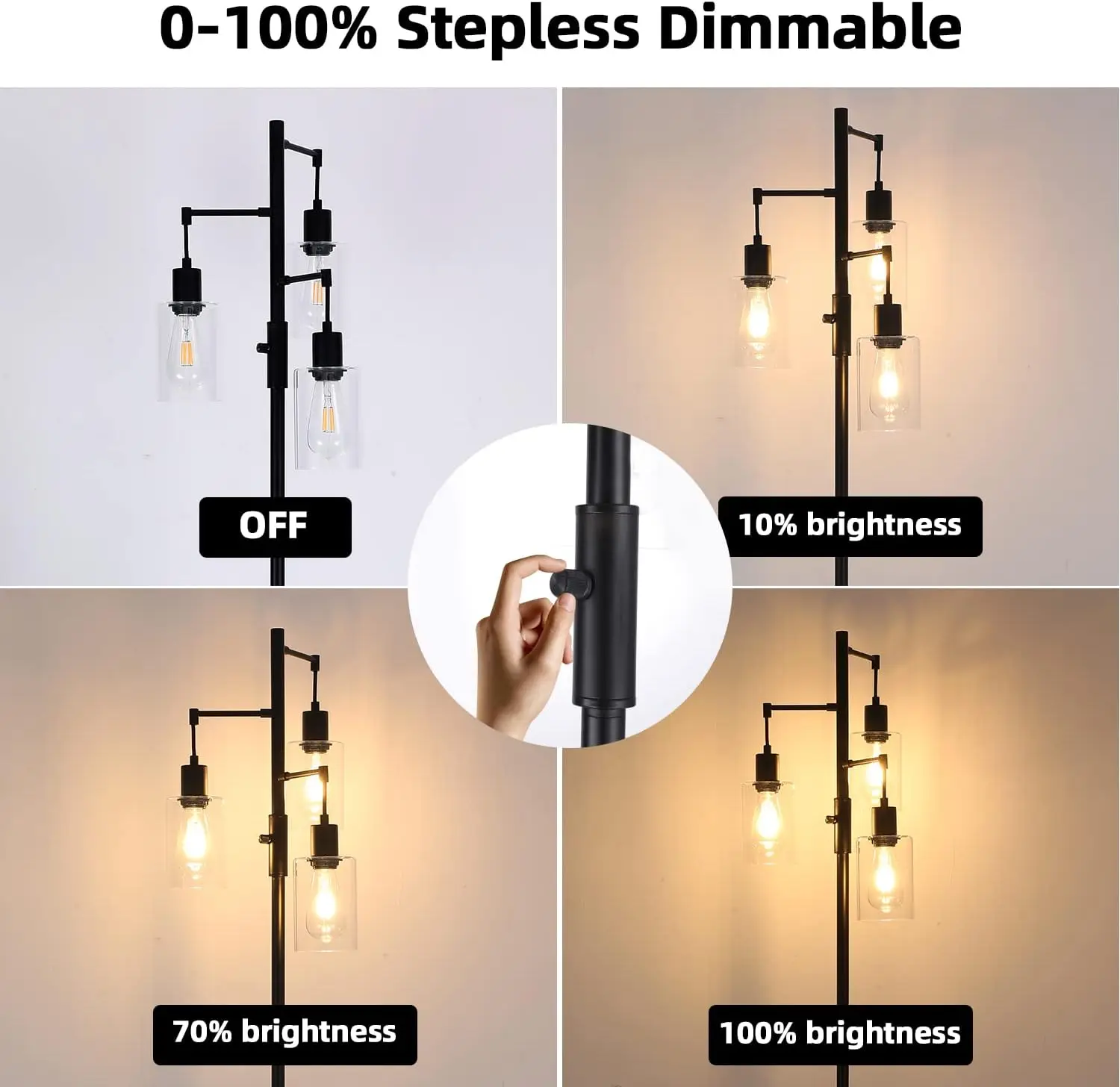 3 Lights Tree Floor Lamp, Industrial Floor Lamp For Living Room Bedroom, Black Dimmable Farmhouse Standing Lamp, Tall Pole