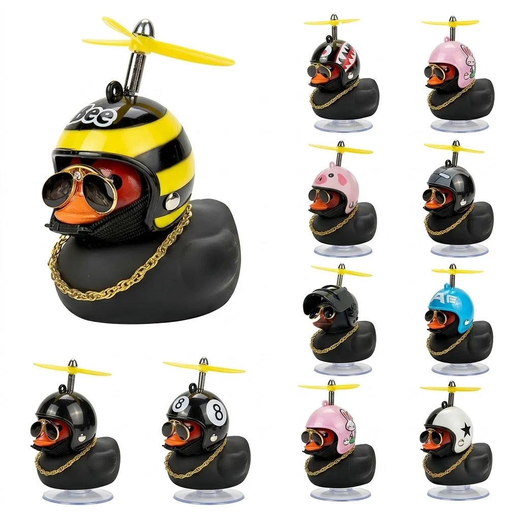 Schwarze Gummi-Ente als Auto-Armaturenbrett-Ornament mit Propeller, Helm und Sonnenbrille, Lustiges Auto-Innenzubehör, Fahrrad-Ornament, Geschenk – Detail 1