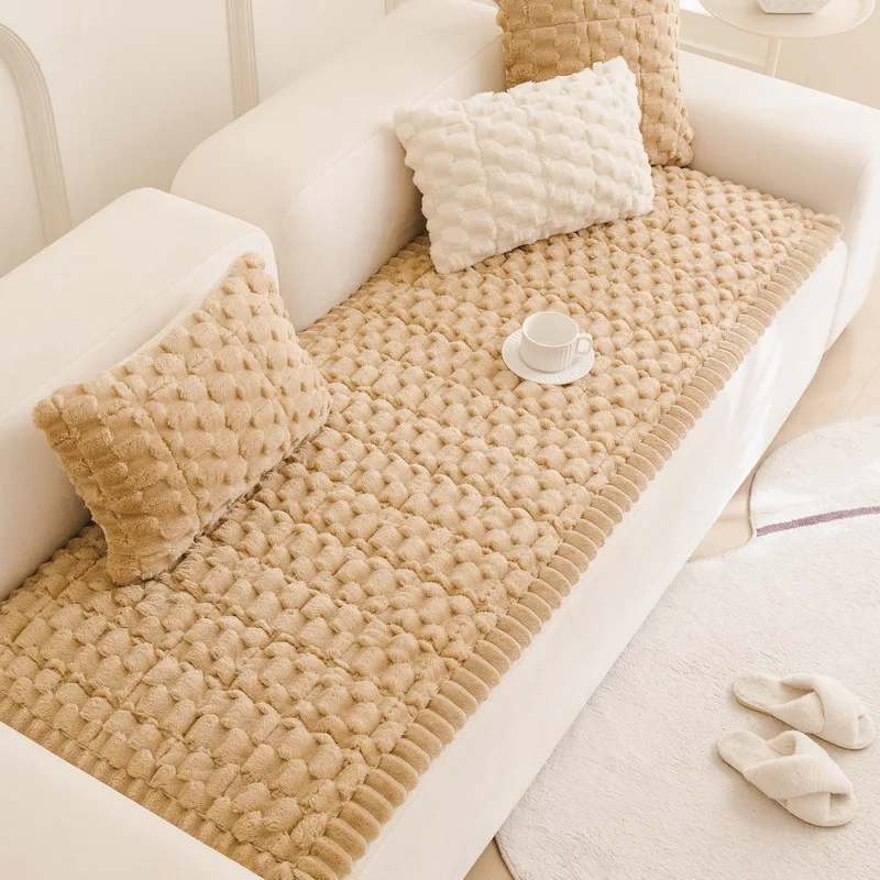 Solid Color Quilted Sofa Cushion Thickened Plush Velvet Non-Slip One-Piece Couch Seat Covers Cat-scratched Resistant Sofa Pads
