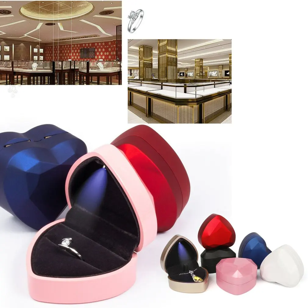 2023 Jewelry Box Heart Shaped LED Ring Box Plush Holder Jewelry Chest Organizer Earrings Coin Jewelry Presentation Box Case