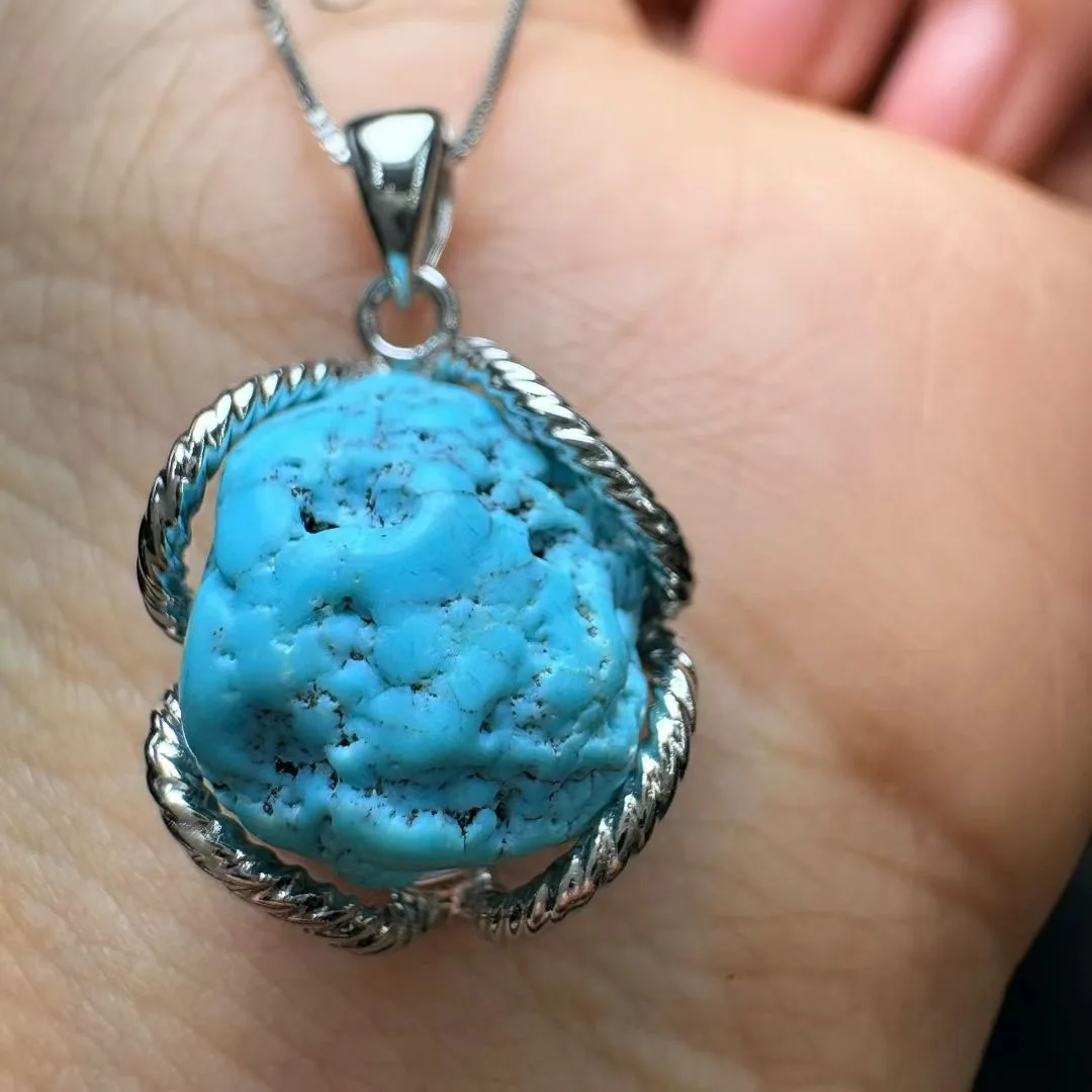 

1 Pc Fengbaowu Natural Raw Turquoise Pendant 925 Sterling Silver Reiki Healing Stone Fashion Jewelry Gift For Women Men