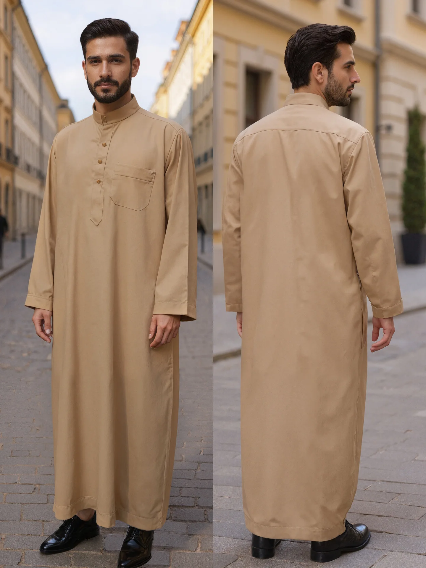 Jubah Panjang Pria Bahan Polyester, Jubah Kerah Tegak Gaya Qatar, Desain Saku, Pakaian Pria Arab dan Timur Tengah, Tersedia dalam