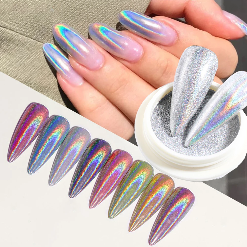 

Holographic Nail Powder Chrome Laser Mirror Glitter Nail Art Pigment Rubbing Silver Grey Dust Flakes Manicure Decorations