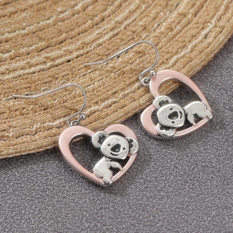 Lovely Handmade Koala Hollow Heart Pendant Earrings for Women Fashion Chic Two Tones Design Banquet Festival Jewelry Accessories view 6