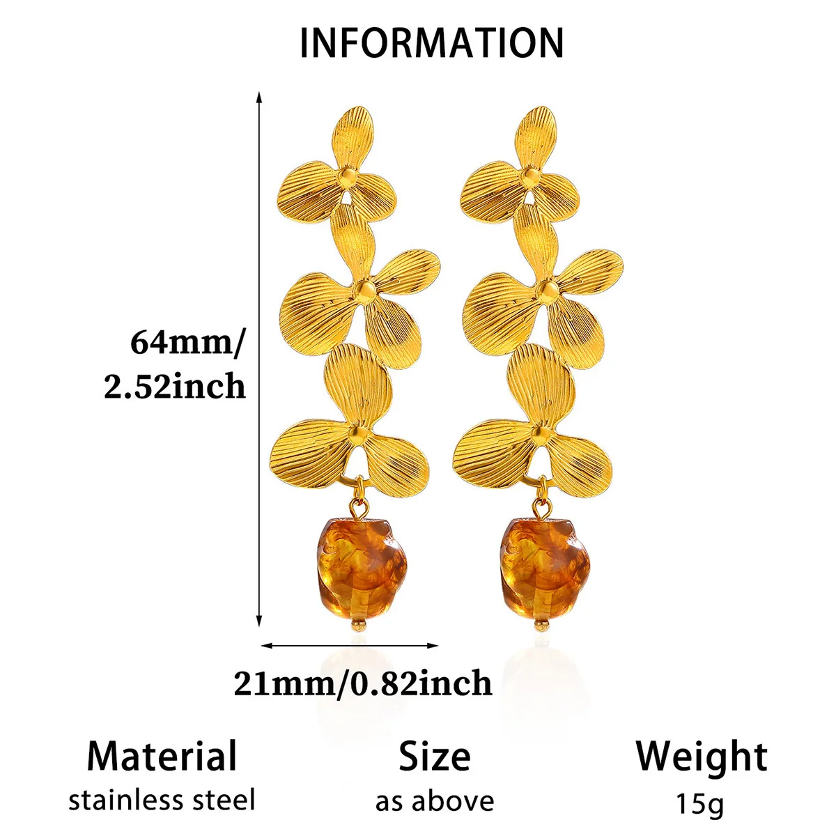 DIEYURO Stainless Steel Vintage Golden Flower Amber Resin Bead Earrings Women Bohemian Earrings Elegant Popular Jewelry Gift