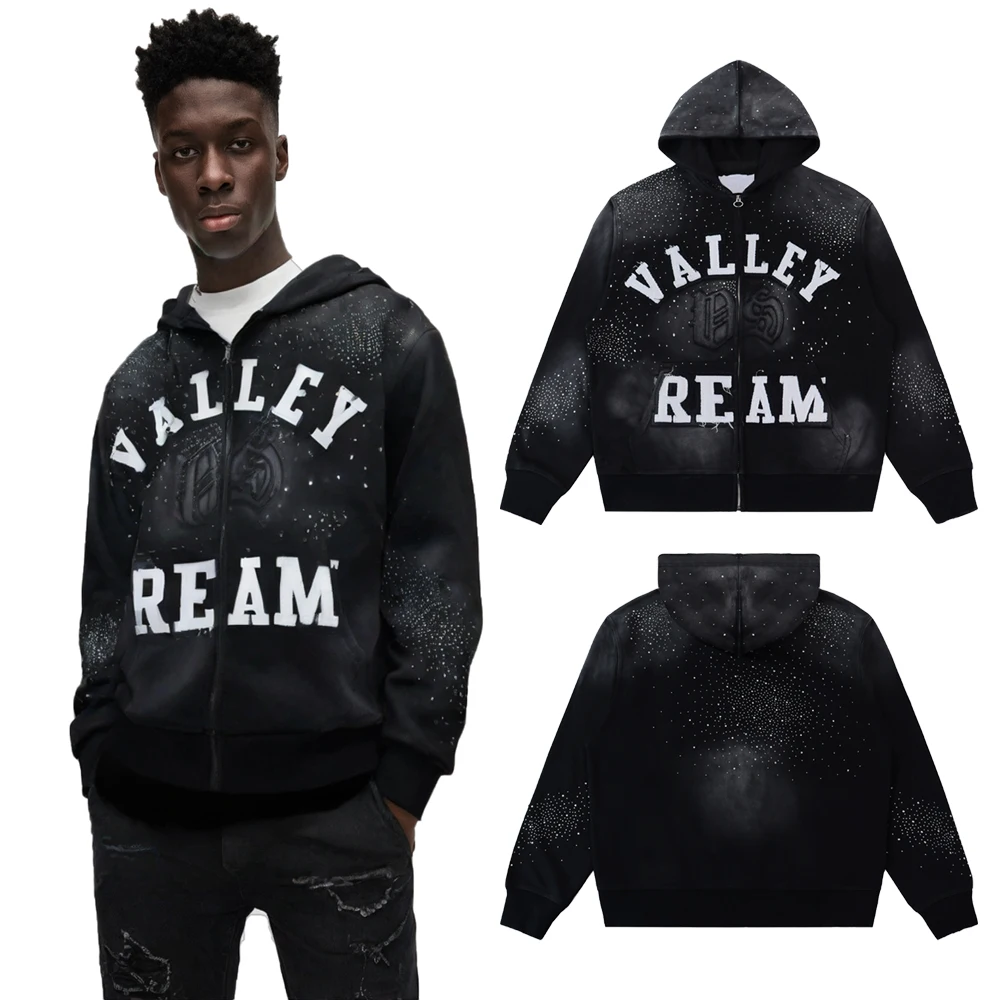 Y2k Streetwear Clothing letter Embroidery Zipper Hoodie with rhinestone Hiphop Street Style casual Cotton Distressed Zip Hoodies