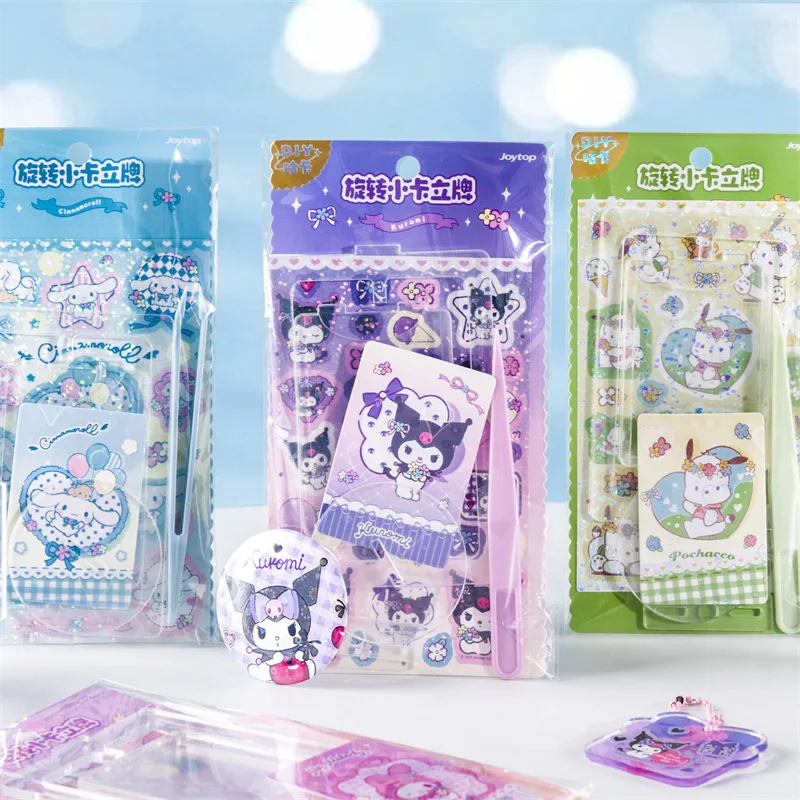 Sanrio Rotating Small Card Stand Sticker Set Cute Kuromi Mymelody Desktop Decoration Toy DIY Handbook Anime