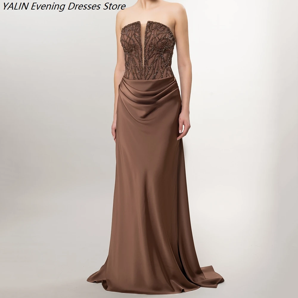 

Women's Mermaid Evening Dresses Floor-length Strapless Sleeveless Prom Dresses Fashion Sequined Simple Draped Customized Gowns
