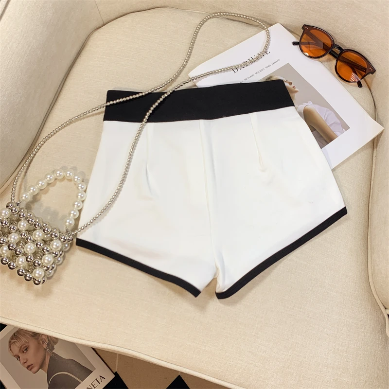 New Fashion Black White Patchwork High Waist Wrap Hip A-line Shorts Women Summer Gray Casual Wide-leg Short Pant Trend Popular