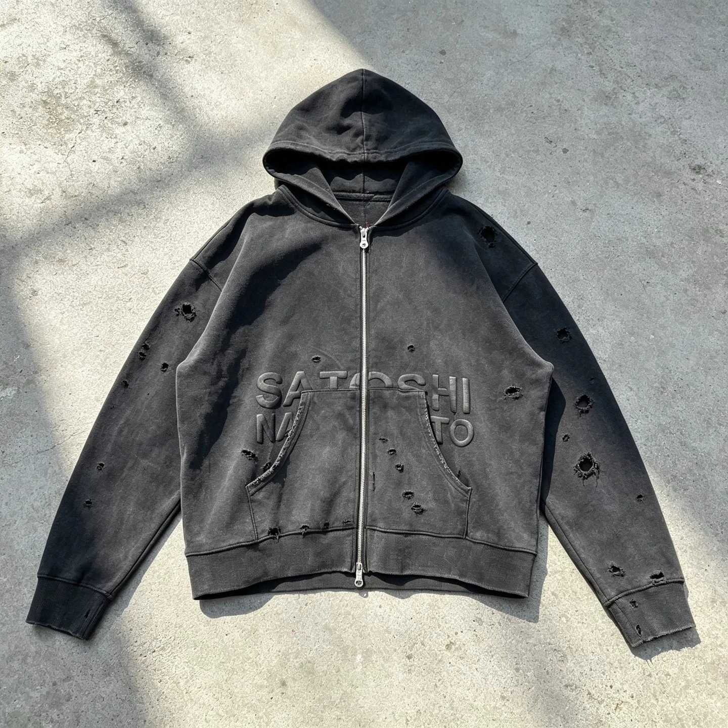 Satoshi Ripped Double Cardigan Casual Hoody Heavy Terry Tops Sweatshirts Distressed Logo Zip Washed destroyed Hoodie for Men