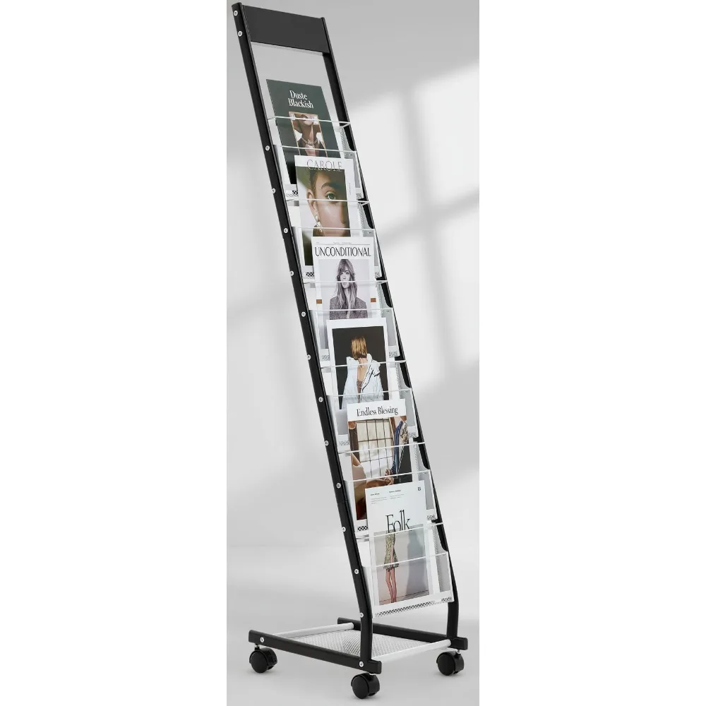 

6-уровневая металлическая журнальная стойка с колесами и тормозами, подвижная подставка для литературы для выставки в офисном магазине