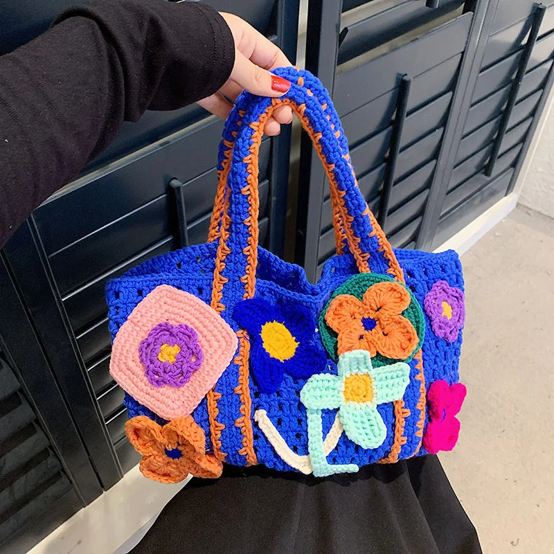 Women Tote Bag Floral Crochet Large Capacity Knitted Bag Trendy Handmade Cut-out Boho Bag Vintage Multicolor Hollow Out Handbag