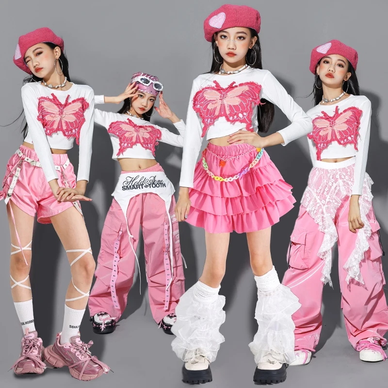 أزياء الفتيات الوردي لموسيقى الجاز بأكمام طويلة ملابس السرة تنورة البضائع السراويل الاطفال المشجع ملابس الرقص الهيب هوب ملابس الأداء BL17099